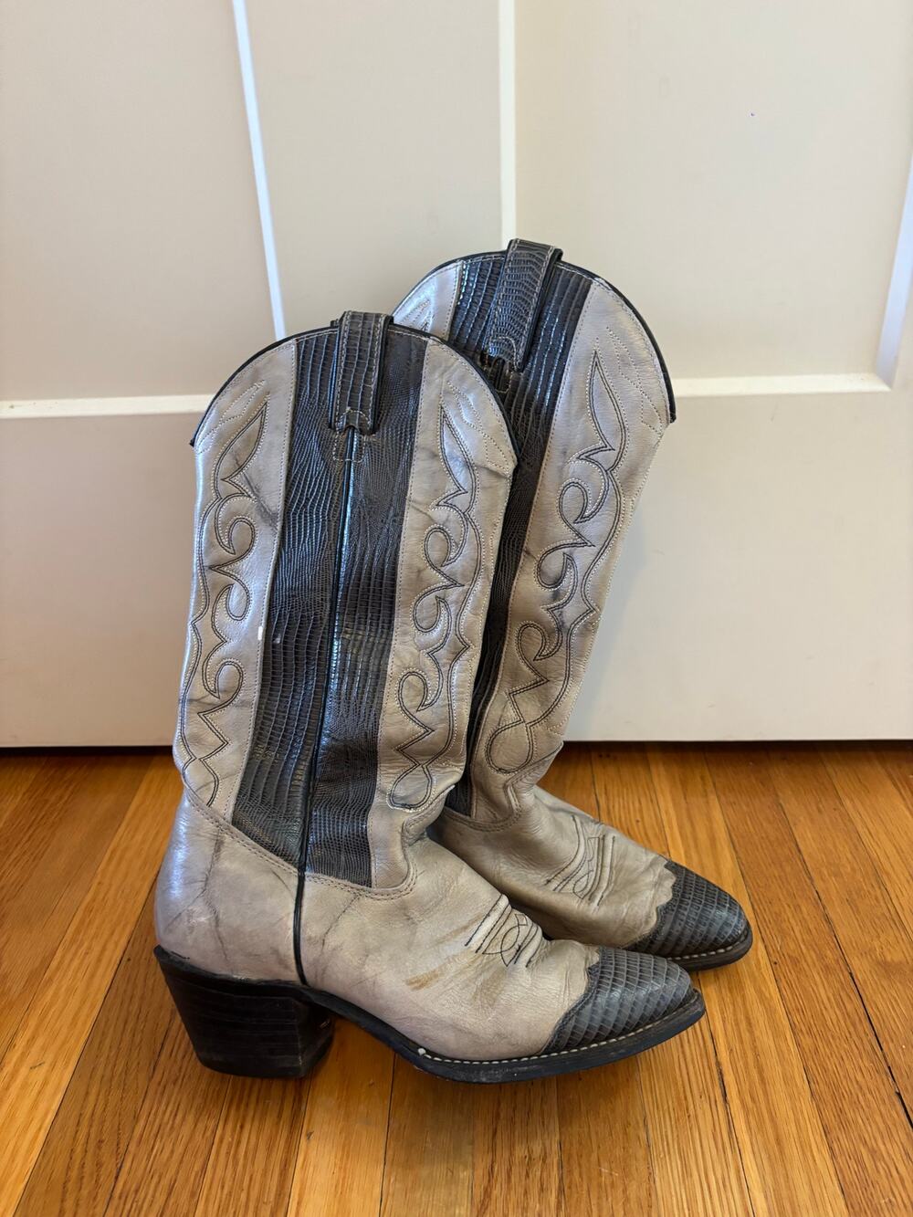 VTG Imperial Cowboy Boots Women's 6.5 Gray Marble Musket Leather Black Lizard